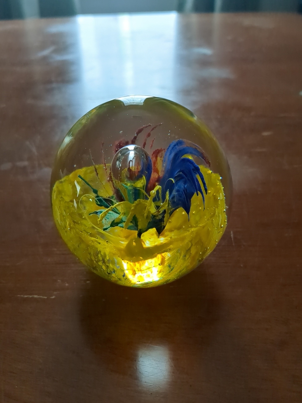Murano Style Handmade Glass Paperweight with Yellow and Blue Floral Core